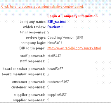 BIR-sa summary login information on successful completion of setting up a review