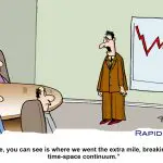Cartoon, business man presenting to people around a board room table - chart downward trend