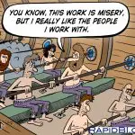 Cartoon, people sitting rowing a large ship, looking unshaved
