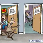 2 people running out of an office door tearing their hair out