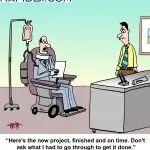 cartoon 2 people in an office, one in a wheelchair with IV fluids and neck brace